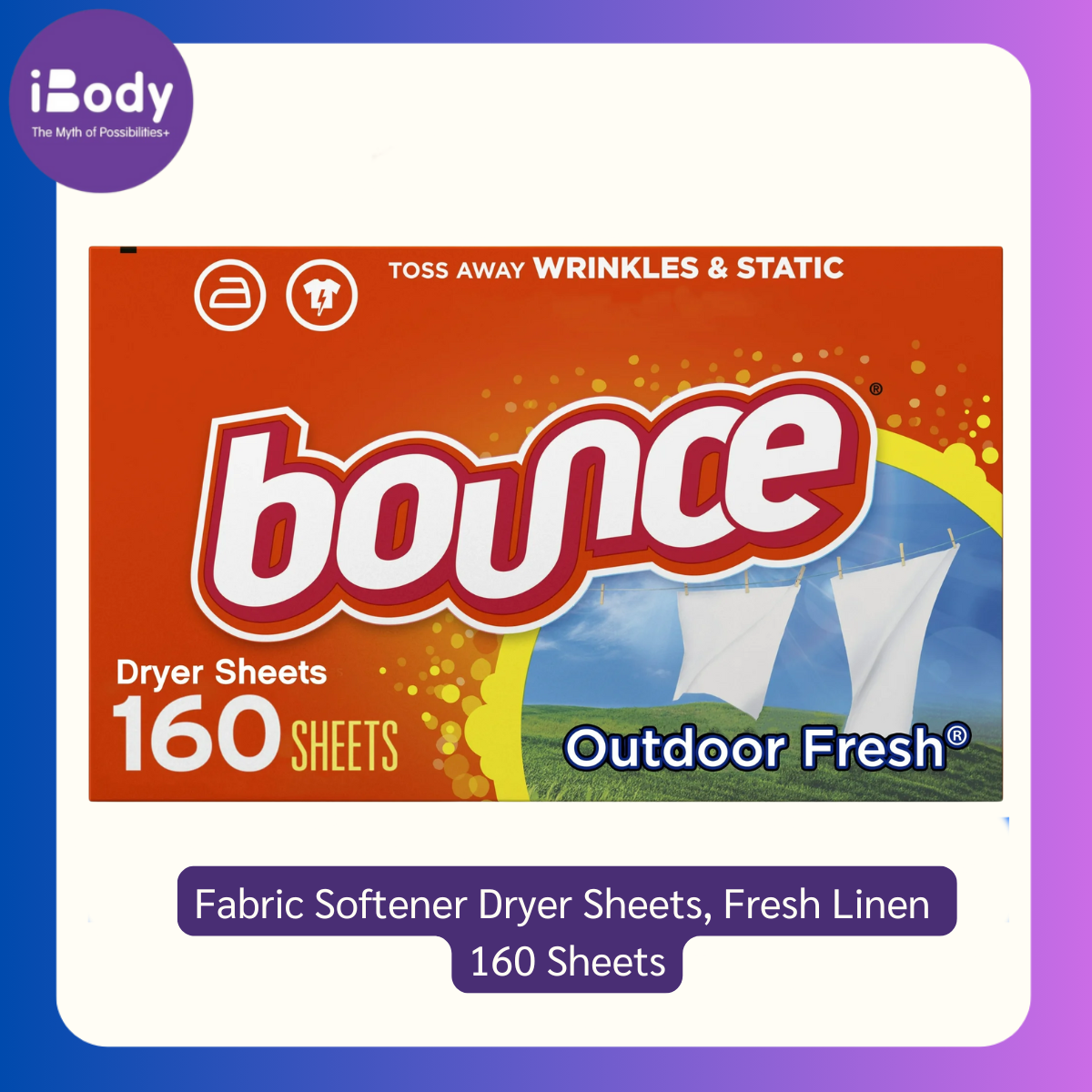 Bounce® Fresh Linen Fabric Softener Dryer 160 Sheets แผ่นอบผ้า ลดรอยยับ กลิ่นหอมสดชื่น