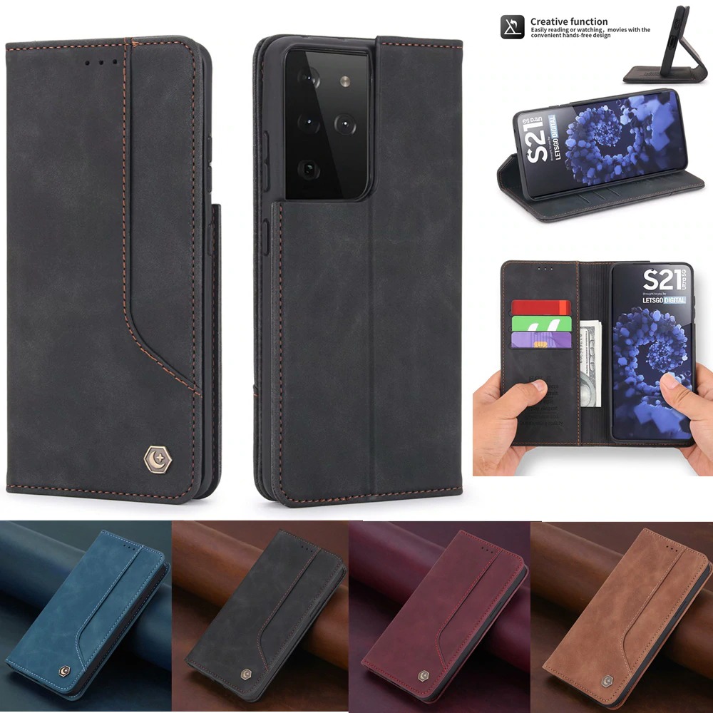 เคส Samsung Galaxy S21 Ultra #เคสฝาพับหนัง PU สไตล์กระเป๋าสตางค์พร้อมช่องใส่การ์ด Luxury Flip Stand Card Phone Leather Wallet Cover Casing