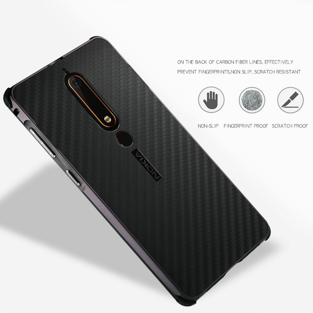 เคส Nokia 6.1 2018 (5.5 นิ้ว) #เคสฝาหลังขอบกันชนโลหะ Electroplated + Carbon Panel แผ่นหลังพลาสติกเลื่อนสไลด์