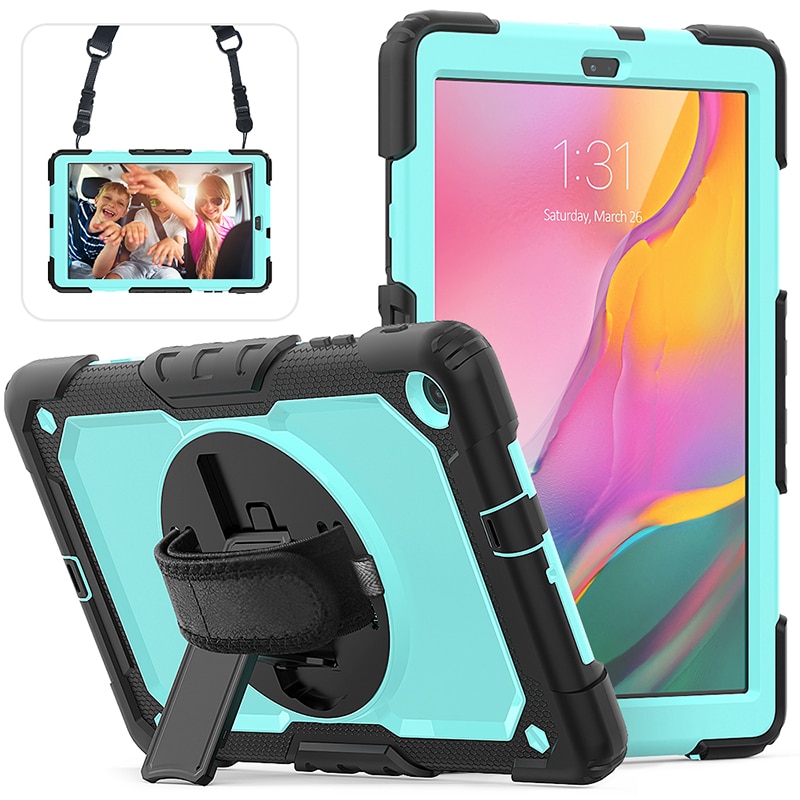 เคส Samsung Galaxy Tab A 10.1 (2019) SM-T510 T515 #เคสฝาหลังมีสายรัดสวมมือ มีสายคล้องไหล่ PC Silicone Kickstand Case with Strap Screen Protector