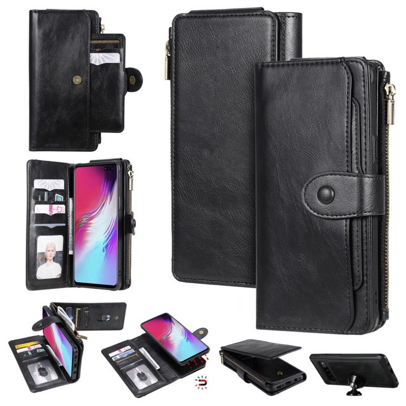 Case Samsung Galaxy S10+ #เคสฝาพับแบบแยกส่วนสไตล์กระเป๋าสตางค์มีช่องใส่บัตรหลายช่อง Multi-slot Zippered Luxury Flip Stand Card Leather Wallet Cover Separable Case Cover