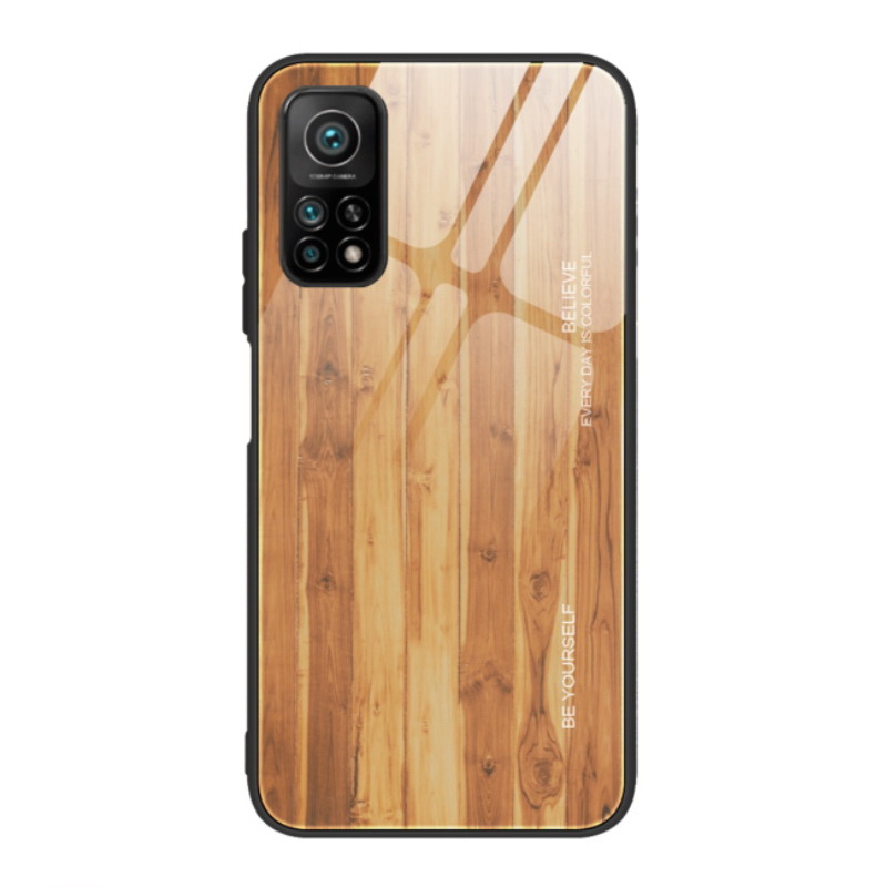 เคส Xiaomi Mi 10T #เคสฝาหลังกระจกลายผิวไม้ Case Hard Tempered glass Wood grain protect Back Cover