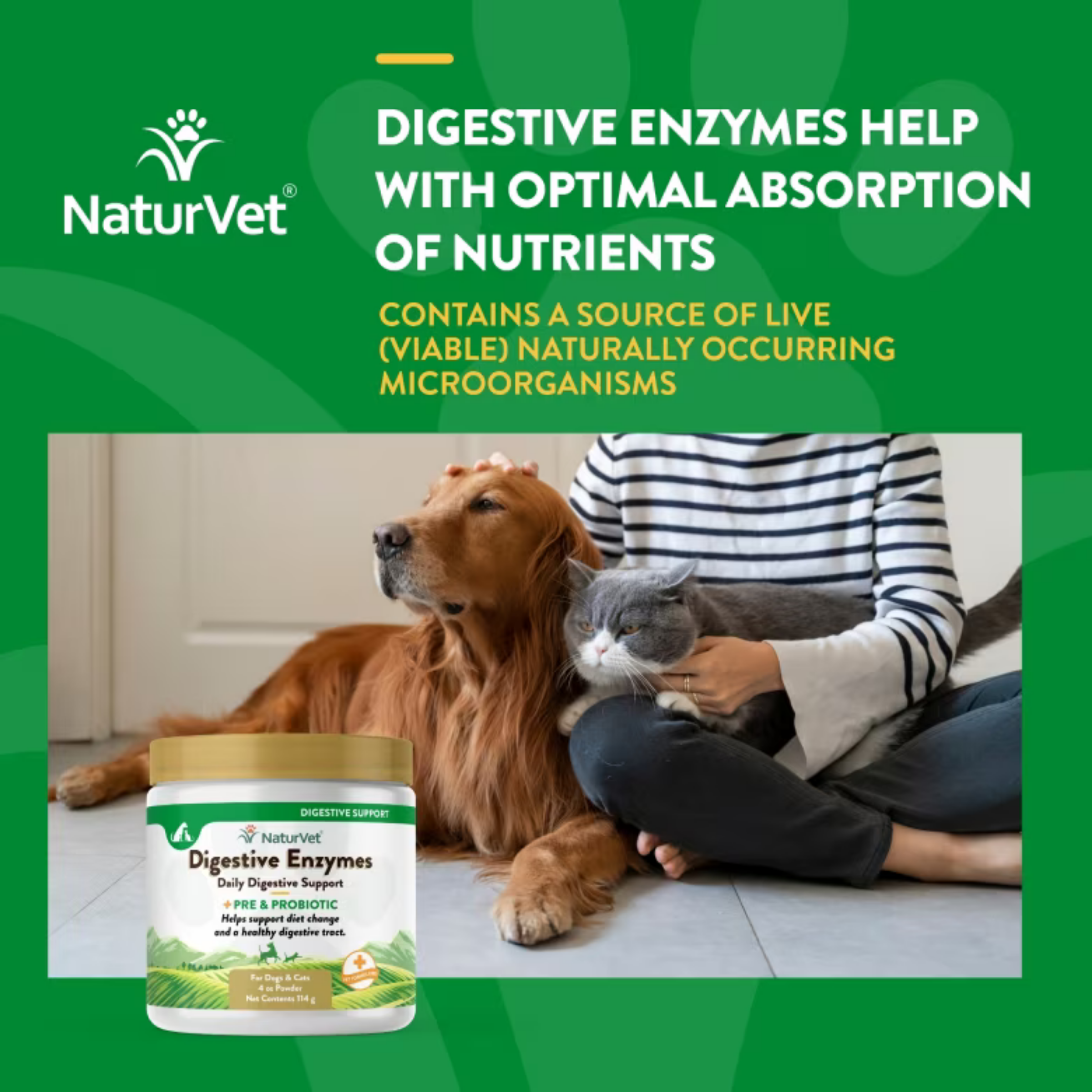 NaturVet® Digestive Enzymes + Pre & Probiotic for Dogs & Cats 114 g สำหรับสุนัขและแมว แบบผง