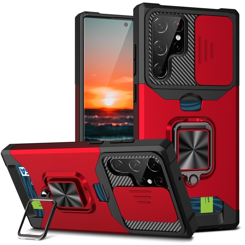 เคส Samsung Galaxy S22 Ultra 5G #เคสฝาหลังกันกระแทก Hybrid Case มัลติฟังก์ชั่นมีแหวนสวมนิ้วแผ่นสไลด์ปิดเลนส์กล้องได้