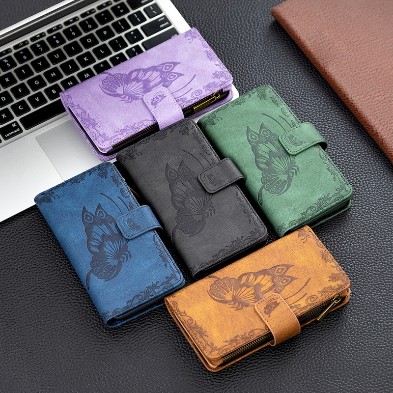 เคส Samsung Galaxy A32 5G หนัง PU สไตล์กระเป๋าสตางค์ลายผีเสือพร้อมช่องซิบ Zipper Pocket Design Imprinted Butterfly Pattern Wallet