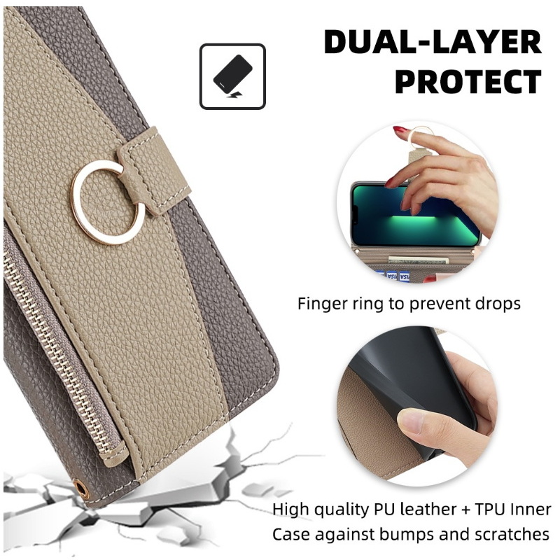 Case OPPO A15#เคสฝาพับหนัง PU สีทูโทนมีกระจกเงาด้านใน แบบกระเป๋าสตางค์ Zipper Wallet Leather Flip Case