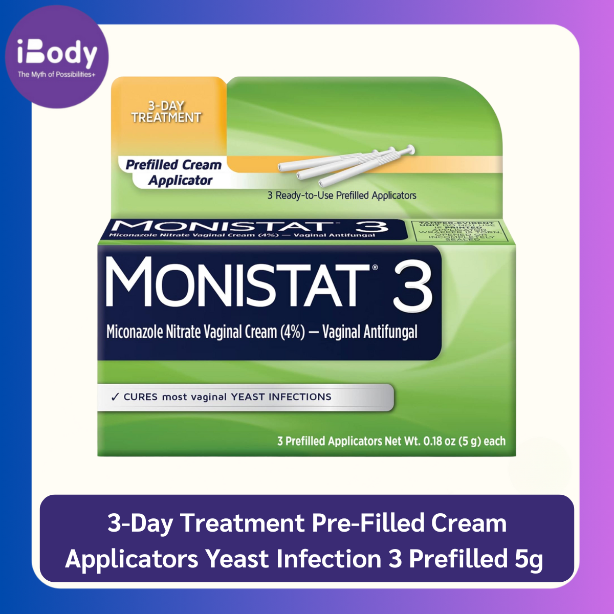 Preorder : Monistat® 3-Day Treatment Pre-Filled Cream Applicators Yeast Infection 3 Prefilled 5g (each) ครีมลดเชื้อราในช่องคลอด