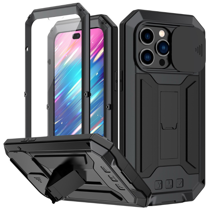 เคส iphone 14 Pro Max #เคสกันกระแทก ป้องกันเต็มรูปแบบมีขาตั้งพับได้ โลหะ + ซิลิโคน + PC