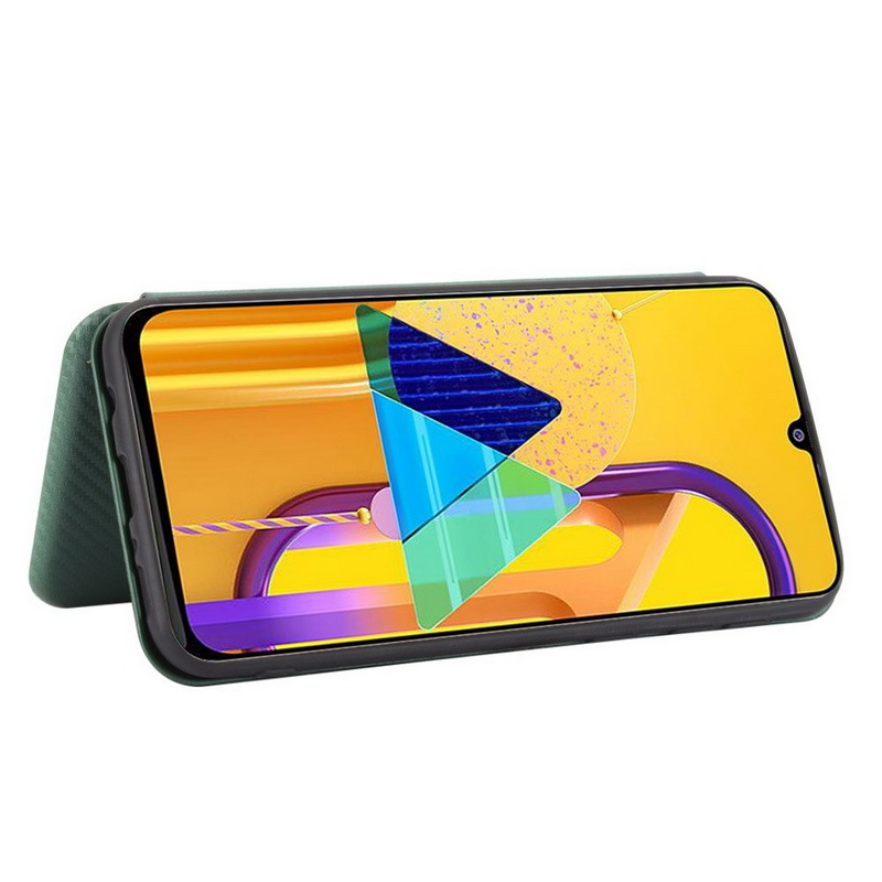เคส Samsung Galaxy M21 #เคสฝาพับลายคาร์บอนไฟเบอร์มีช่องใส่การ์ด Carbon Fiber Wallet Card Slot Magnet Stand Phone Cover