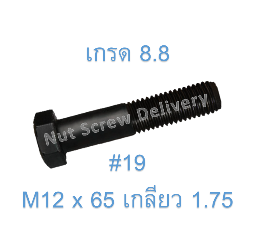 สกรูหัวเหลี่ยมมิลดำ M12 x 65 (เกลียว 1.75) ขอบ #19 เกรด 8.8