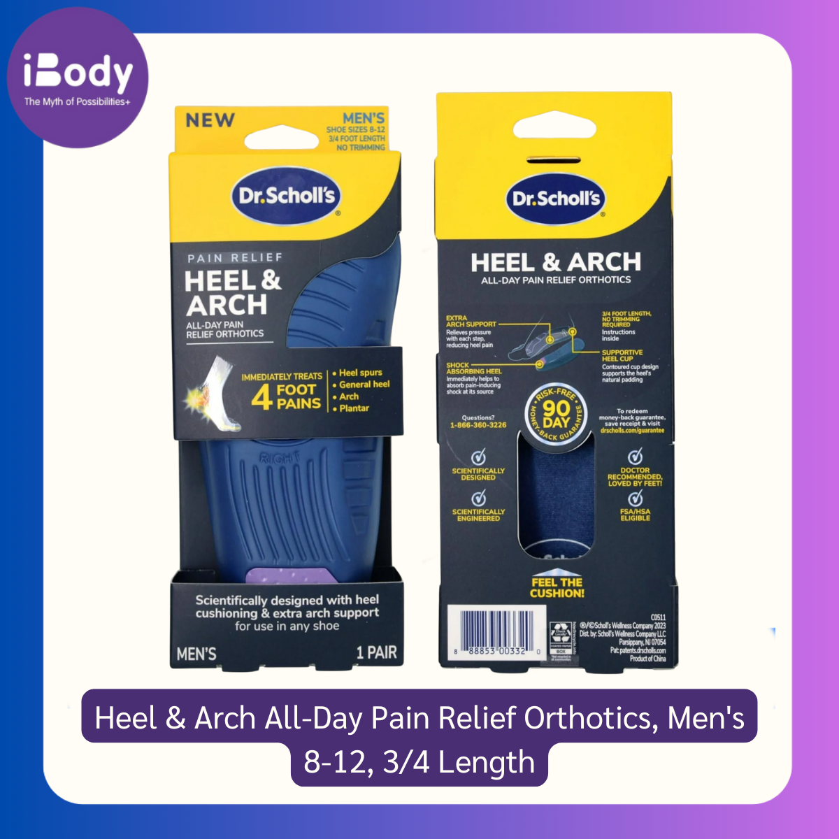 Dr.Scholl's® Heel & Arch All-Day Pain Relief Orthotics, Men's 8-12, 3/4 Length แผ่นรอง รองเท้า