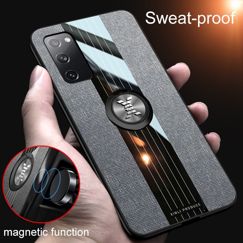 เคส Samsung Galaxy S20 FE / S20 FE 5G #เคสฝาหลังเคลือบผ้าเนื้อมีแหวนสวมนิ้ว TPU ไฮบริด+อะคริลิ + แหวนโลหะ