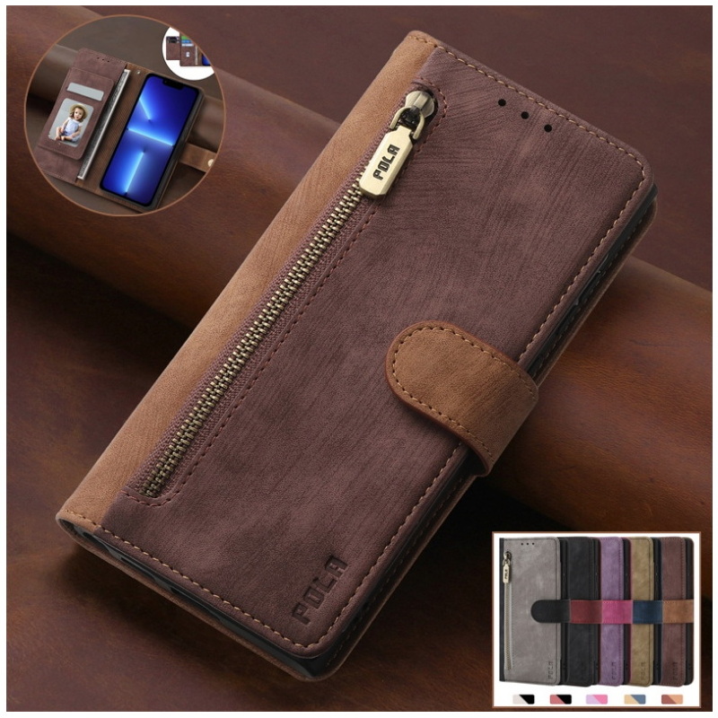เคส iPhone 14#เคสฝาพับหนัง PU 2 สี มีช่องใส่บัตร ช่องซิป ปิดแม่เหล็ก Zipper Pocket Stand Flip Cover with Strap