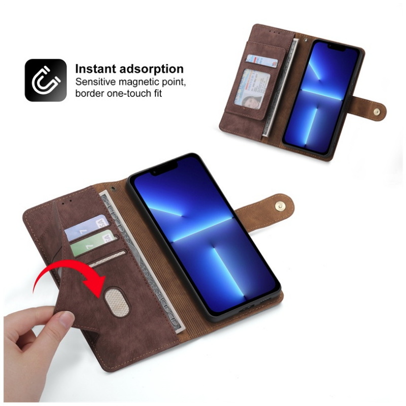 เคส iPhone 14#เคสฝาพับหนัง PU 2 สี มีช่องใส่บัตร ช่องซิป ปิดแม่เหล็ก Zipper Pocket Stand Flip Cover with Strap