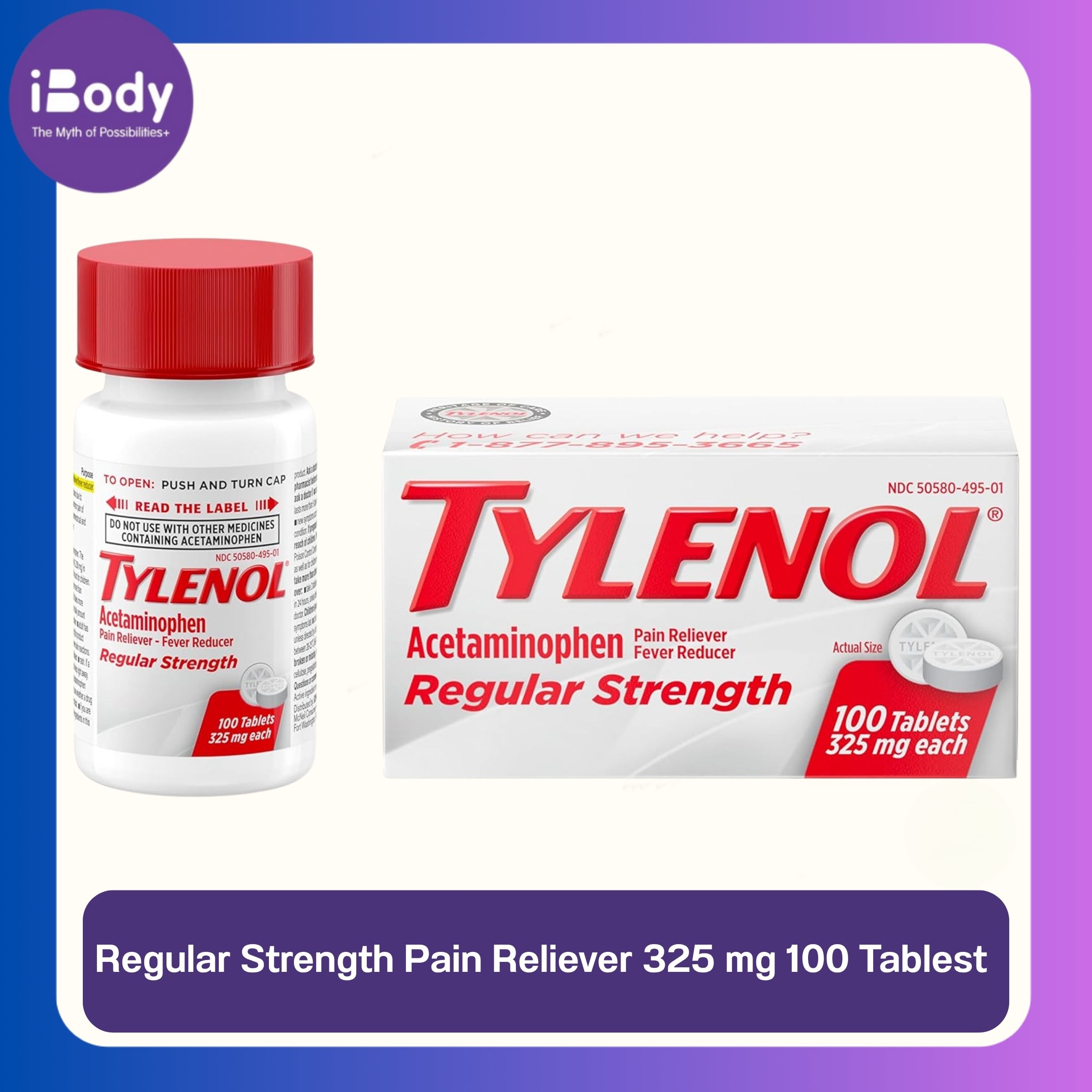 Tylenol® Regular Strength Pain Reliever 325 mg 100 Tablest ไทลินอล บรรเทาอาการปวดหัว เป็นไข้ เมื่อยล้า