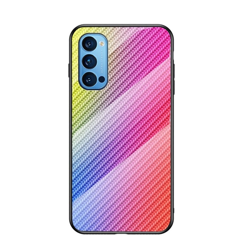 เคส OPPO Reno 4 4G #เคสฝาหลัง Gradient Color ลายคาร์บอนไฟเบอร์ Carbon fiber texture Glass Hybrid Soft Silicone Cover