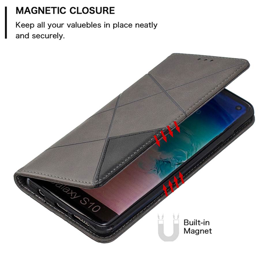 Case Samsung Galaxy S10 Plus #เคสฝาพับหนัง PU มีช่องเสียบ ID บัตรอื่นๆในตัว Geometric Pattern Leather Card Holder Protective