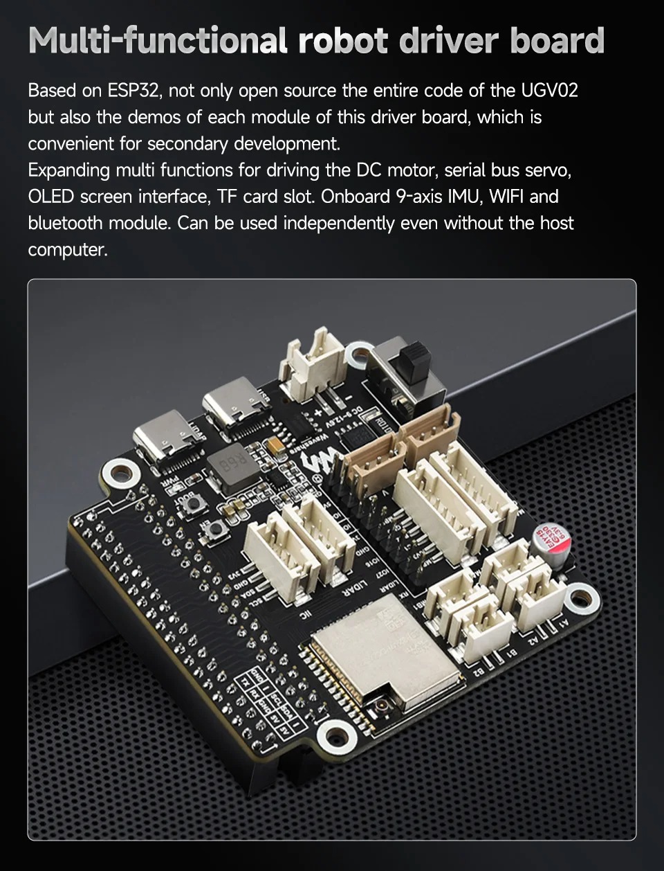 Waveshare Flexible and Expandable 6x4 Offroad, with Optional Rails and ESP32 Slave Computer, 6 Wheel 4WD Mobile Robot
