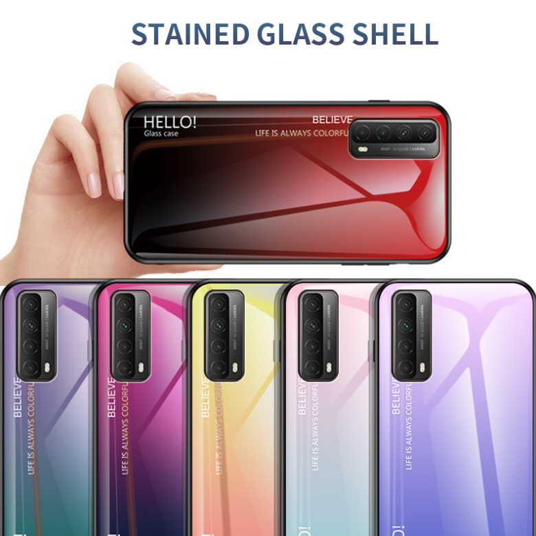 เคส Huawei Y7a #เคสฝาหลัง Gradient Color Glass + PC + TPU Hybrid Case