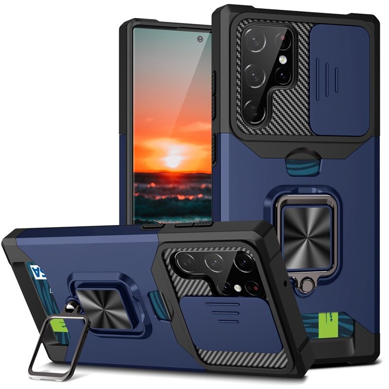 เคส Samsung Galaxy S22 Ultra 5G #เคสฝาหลังกันกระแทก Hybrid Case มัลติฟังก์ชั่นมีแหวนสวมนิ้วแผ่นสไลด์ปิดเลนส์กล้องได้