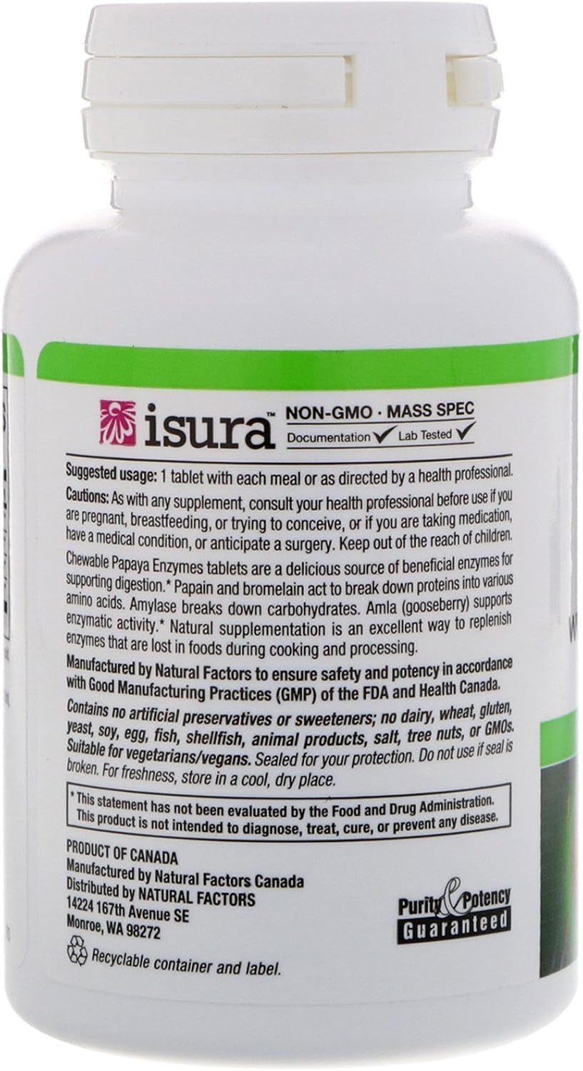 Natural Factors® Papaya Enzymes with Amylase & Bromelain 120 Chewable Tablets เอนไซม์จากมะละกอและสัปรด เม็ดเคี้ยว ช่วยย่อยอาหาร ลดการปวดท้องจากอาหารไม่ย่อย ท้องอืด ท้องเฟ้อ