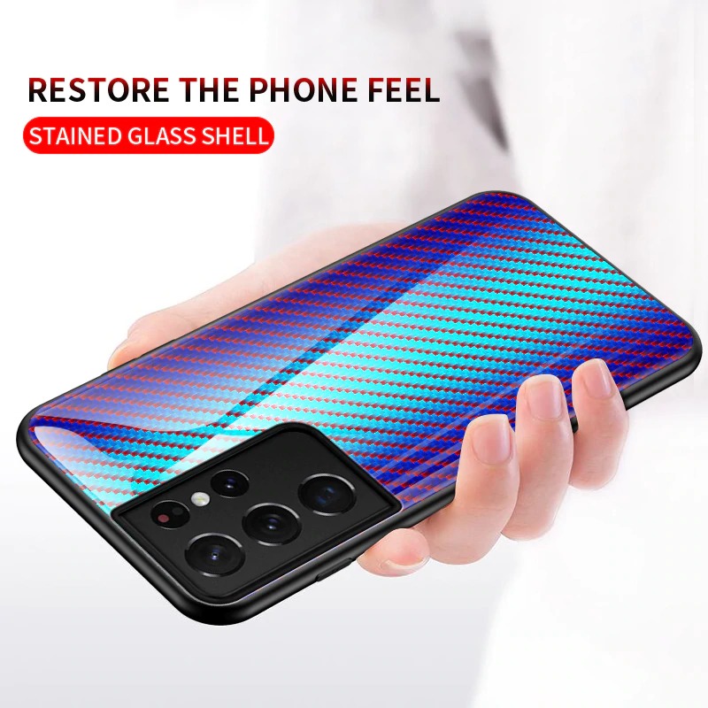 เคส Samsung Galaxy S21 Ultra #เคสฝาหลัง Gradient Color ลายคาร์บอนไฟเบอร์ Carbon fiber texture Glass Hybrid Soft Silicone Cover
