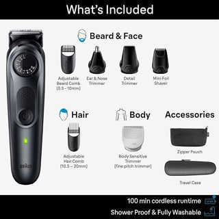 Braun® All In One Trimmer Kit 8 in 1 For Men Model-AlO5470, Black เครื่องตัดแต่งหนวดเครา เส้นผม และขน