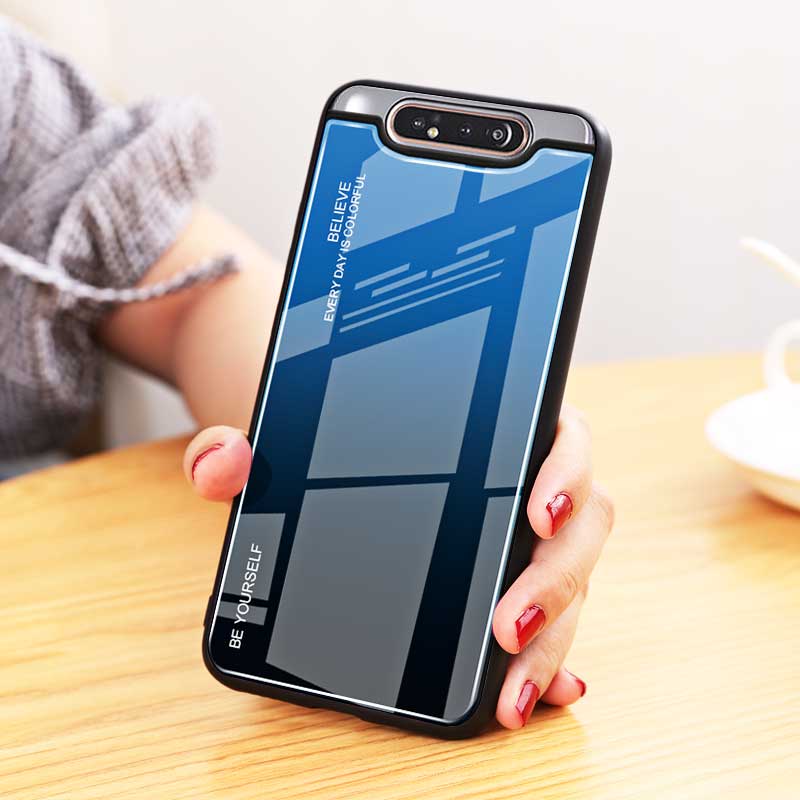 Case Samsung Galaxy A80 # (พร้อมส่ง) เคสฝาหลัง กระจกสีไล่โทนสี Glass + PC + TPU Hybrid Case สี น้ำเงิน/ม่วง