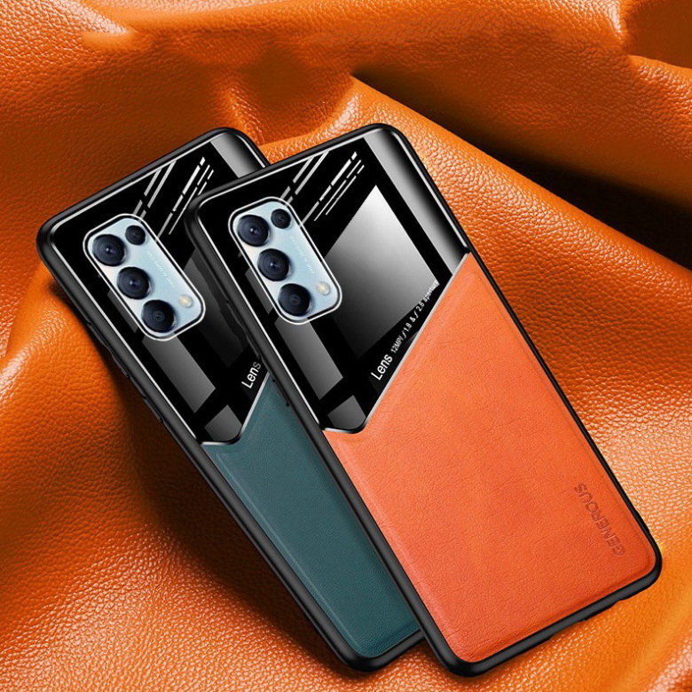 เคส OPPO Reno 5 Pro 5G#เคสฝาหลังไฮบริด PU +TPU + glass สีทูโทน Shockproof Leather Mirror Glass Silicone Phone Back Cover