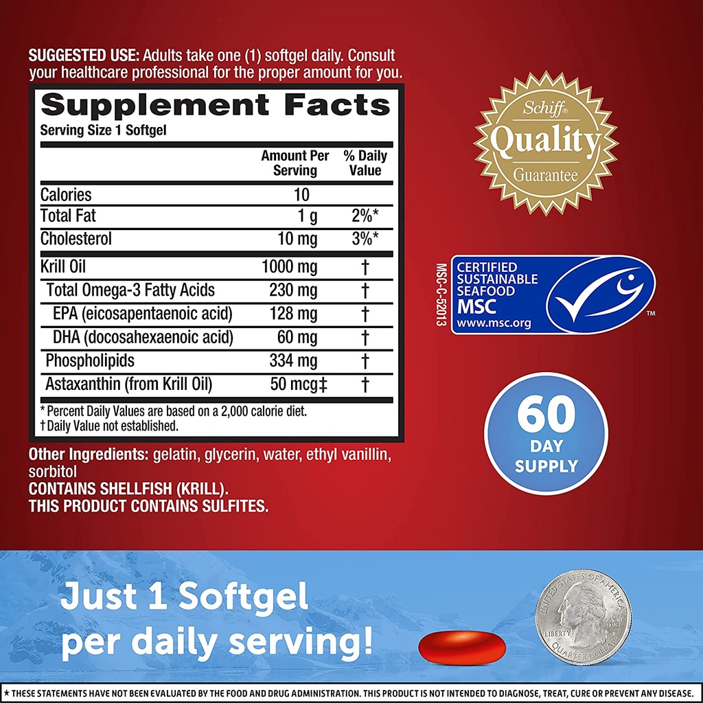 (Pre Order) Schiff® MegaRed Superior Omega-3 Krill Oil Ultra Strength 1000 mg 60 Softgels น้ำมันคริลล์ โอเมก้า3