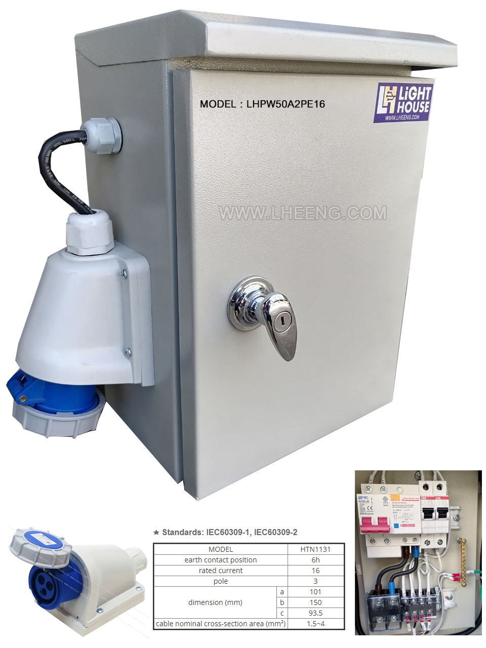 (Plug 16A) ตู้เพาเวอร์ปลั๊ก ตู้ไฟชั่วคราว สำหรับไซต์ก่อสร้าง ปั๊มน้ำมัน นอกอาคาร ปลั๊กเมีย 2P+E (3 ขา) กันน้ำ 2 ชุด เมนเบรคเกอร์ กันดูด 2P50A ใช้งานง่าย