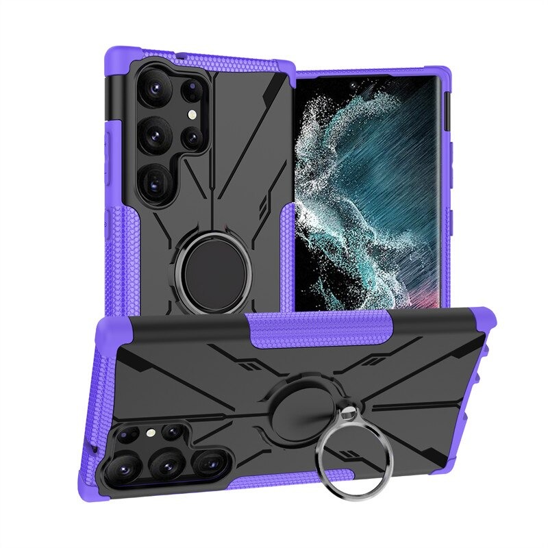เคส Samsung Galaxy S22 Ultra 5G #เคสฝาหลังกันลื่น Luxury Hybrid Armor Shockproof Phone Case Car Magnetic Ring Holder Stand Cover มีแหวน