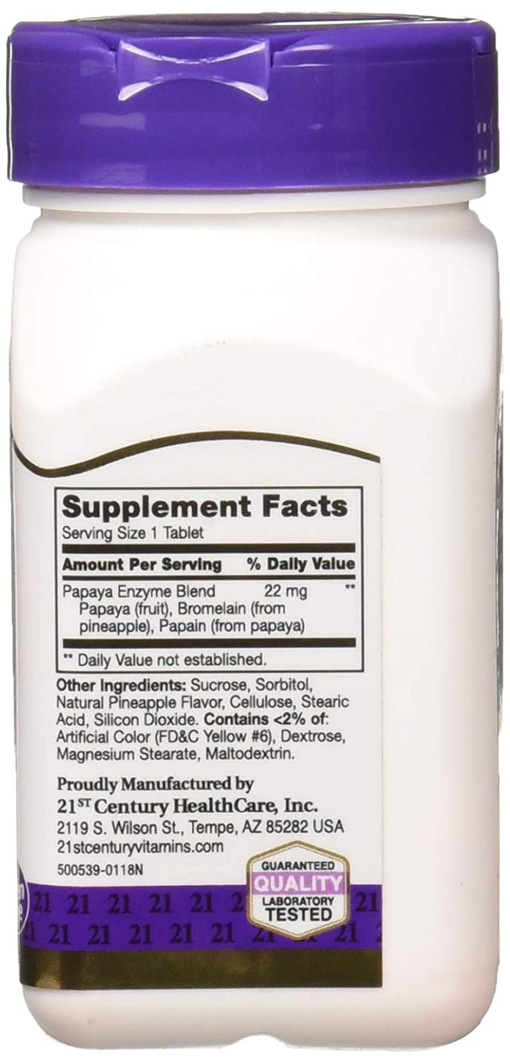 21st Century® Papaya Enzyme 100 ChewableTablets เอนไซม์จากมะละกอ & สับปะรด