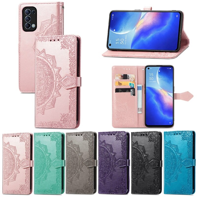 เคส OPPO Reno 5 Pro 5G #เคสฝาพับหนัง PU ผิวลายนูน Embossed Mandala Flower Leather Wallet