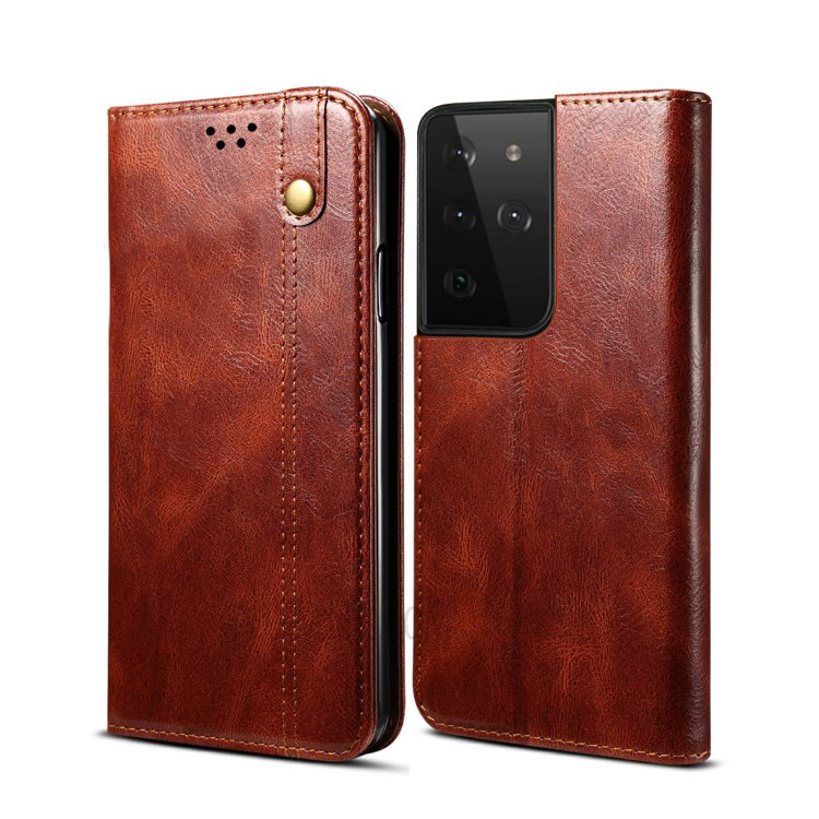 เคส Samsung Galaxy S21 Ultra 5G #เคสฝาพับหนัง PU ผิวหนังม้า Waxy Crazy Horse Texture TPU + PU Leather Case Cover