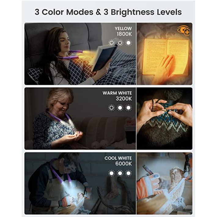 Glocusent® Upgraded LED Neck Reading Light ไฟอ่านหนังสือ ไฟฉายแบบคล้องคอ แบบชาร์จได้ ไฟLEDปรับความสว่างได้