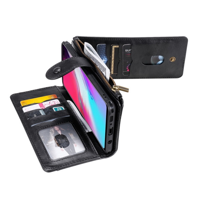 Case Samsung Galaxy S10+ #เคสฝาพับแบบแยกส่วนสไตล์กระเป๋าสตางค์มีช่องใส่บัตรหลายช่อง Multi-slot Zippered Luxury Flip Stand Card Leather Wallet Cover Separable Case Cover