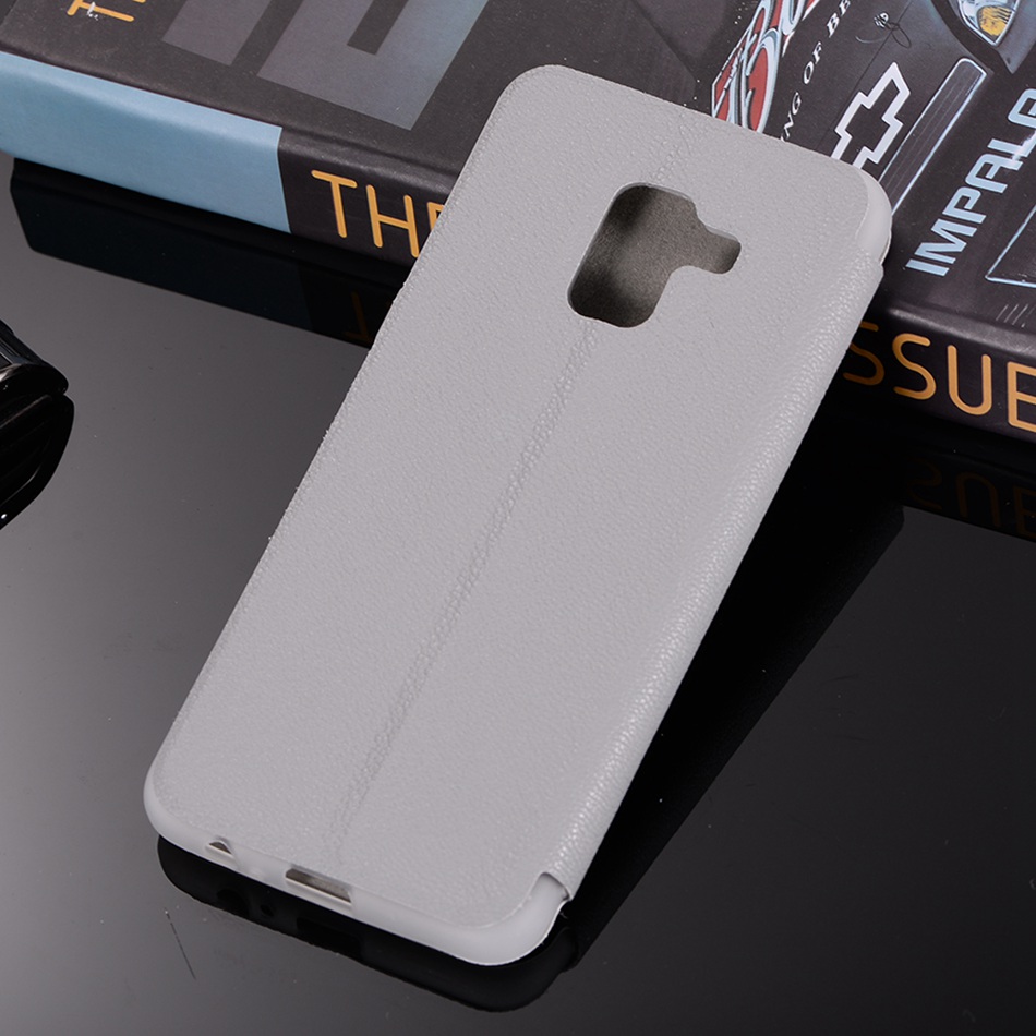 เคส Samsung Galaxy A8 + (2018) #เคสฝาพับผิวหนังลิ้นจี่พร้อมช่องเสียบการ์ดสีสันสวยงามสดใส