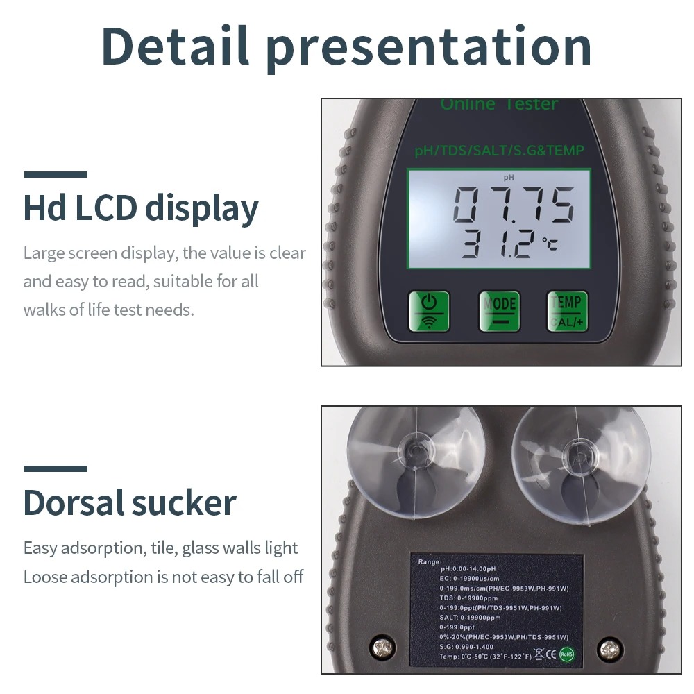 เครื่องตรวจจับคุณภาพน้ำดิจิตอล WiFi, เครื่องทดสอบความเค็ม TDS EC SG TEMP 5 in 1 Water Quality Tester