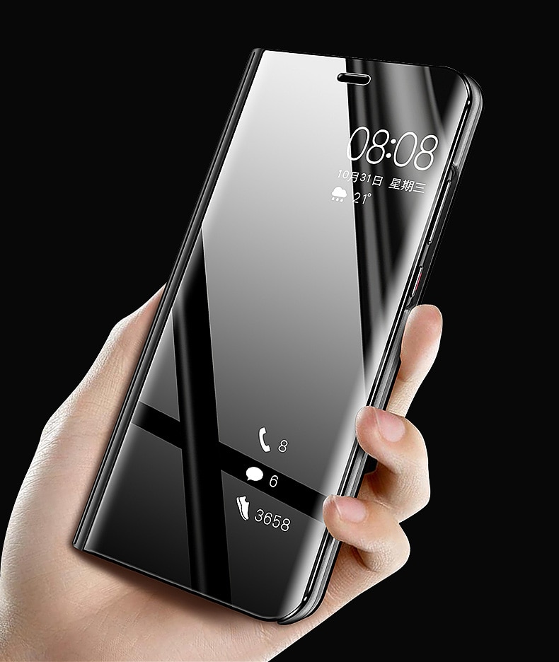 เคส Samsung Galaxy A8 Star #เคสฝาพับปกโปร่งแสงผิวเงา Electroplating Mirror Surface Window View