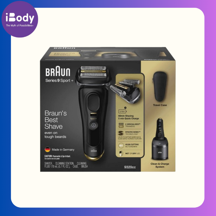 (Braun) Series 9 Sport Shaver Clean With Charge System 9320cc, Black เครื่องตัดแต่งหนวดเครา พร้อมระบบทำความสะอาดและชาร์จ