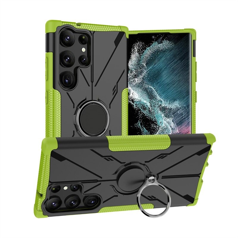 เคส Samsung Galaxy S22 Ultra 5G #เคสฝาหลังกันลื่น Luxury Hybrid Armor Shockproof Phone Case Car Magnetic Ring Holder Stand Cover มีแหวน