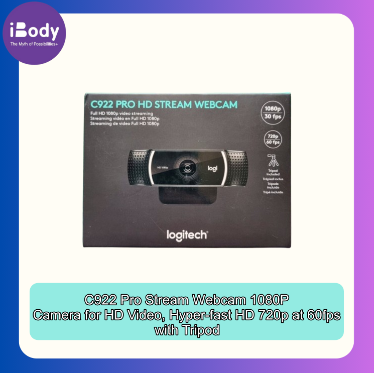 (Logitech®) C922 Pro Stream Webcam 1080P Camera for HD Video, Hyper-fast HD 720p at 60fps with Tripod เว็บแคม