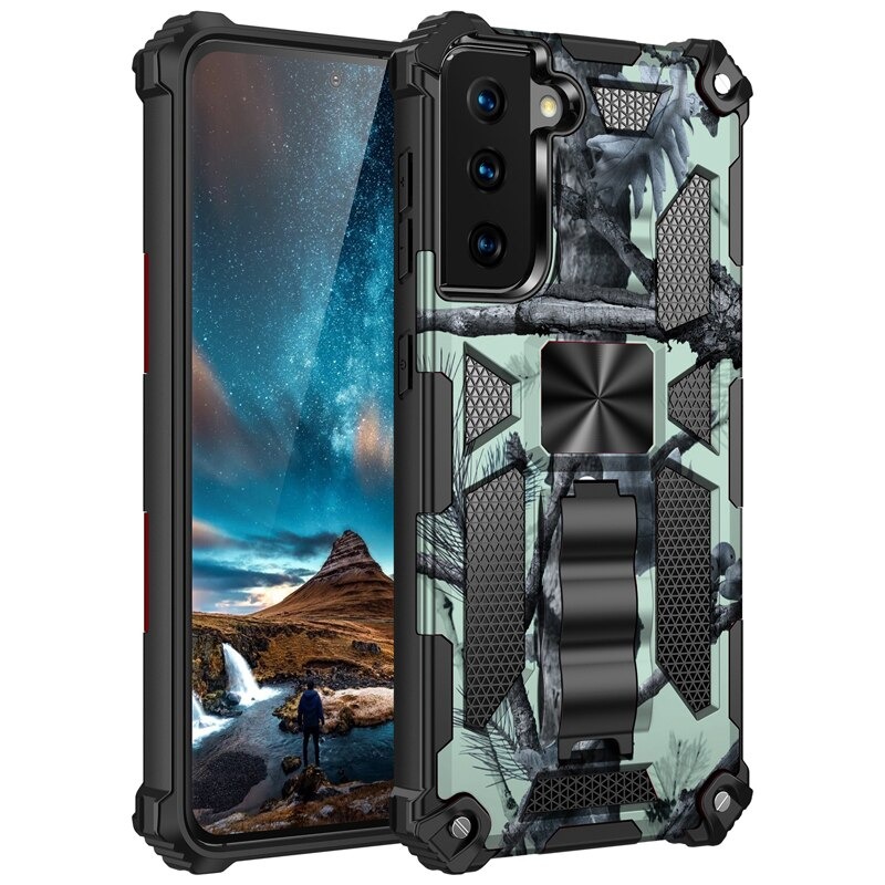 เคส Samsung Galaxy S21+ #เคสแบบฝาหลัง ไฮบริด PC TPU + Kickstand ลายพราง Camouflage Design