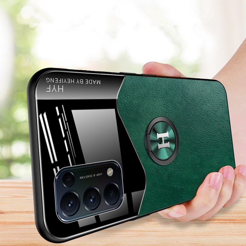 เคส OPPO Reno 5 5G #เคสฝาหลังไฮบริด PU +TPU + glass สีทูโทนมีแหวนสวมนิ้ว Shockproof Leather Mirror Glass Silicone Phone Back Cover