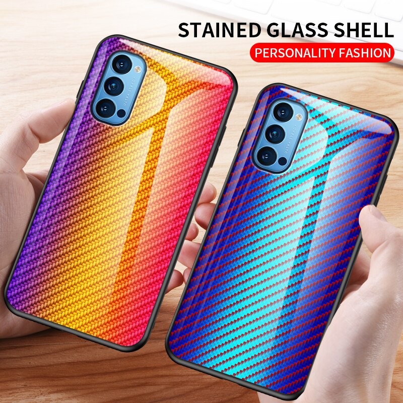 เคส OPPO Reno 4 4G #เคสฝาหลัง Gradient Color ลายคาร์บอนไฟเบอร์ Carbon fiber texture Glass Hybrid Soft Silicone Cover