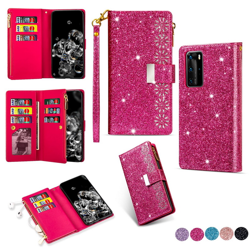 เคส Huawei P40 #เคสฝาพับแบบกระเป๋าสตางค์ช่องใส่บัตรหลายช่อง Bling Glitter Case Multi-slot Wallet Zippered Leather พร้อมสายคล้อง