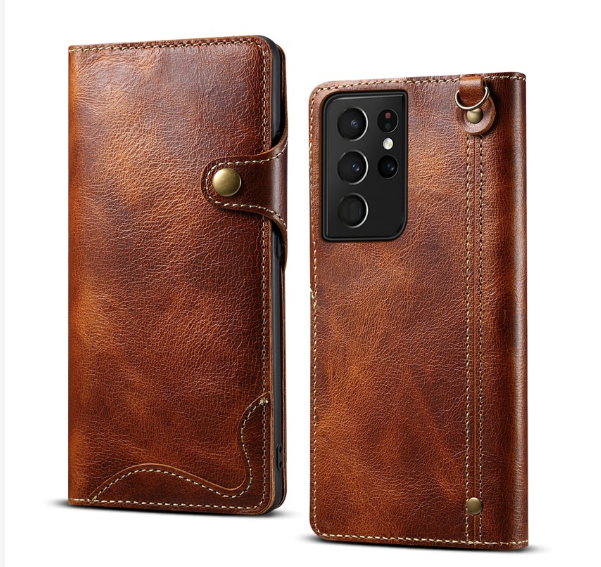Case Galaxy S21 Ultra 5G#เคสฝาพับหนังแท้พร้อมสายคล้อง Genuine Wallet Leather Phone Cover with Lanyard