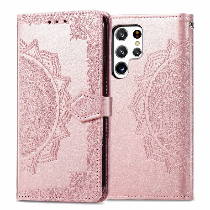 Case Samsung Galaxy S22 Ultra 5G#เคสฝาพับหนัง PU ผิวลายนูน Embossed Mandala Flower Leather Wallet