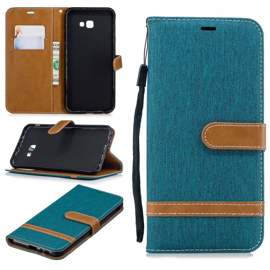 Case Samsung Galaxy J4+ #เคสฝาพับหนัง PU พร้อมสายคล้องมือ สีสันสดใส Splicing Jean Cloth PU Leather